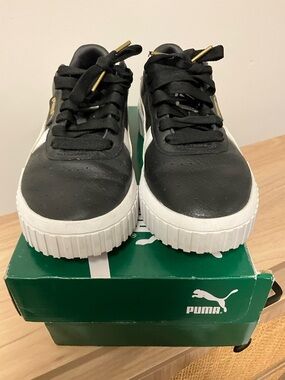 Puma Women's Cali Black Platform Sneakers with White and Gold Accents
